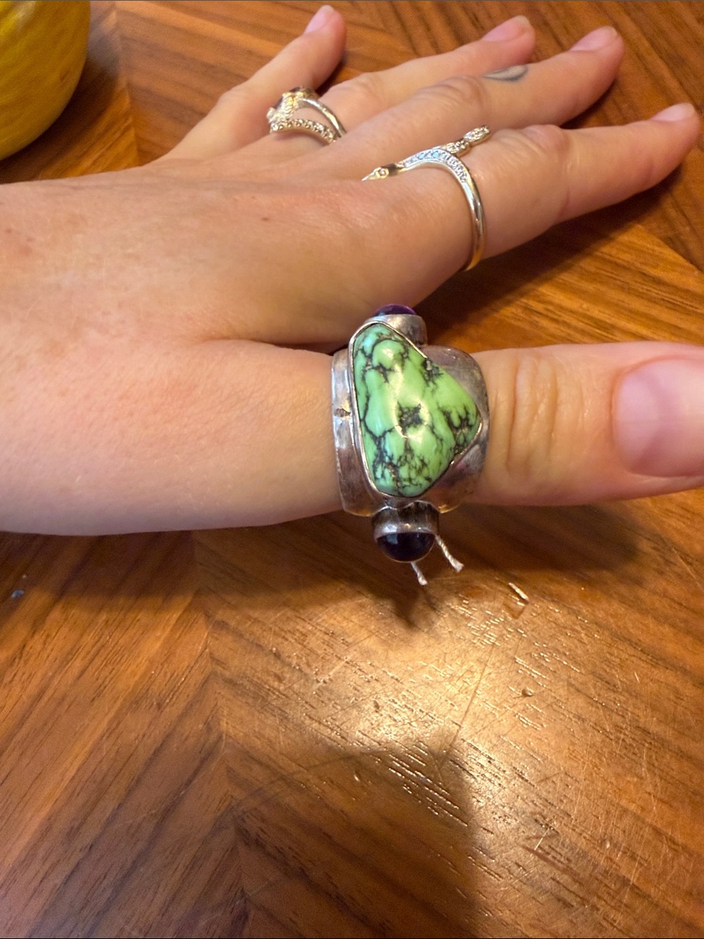Sterling Silver Ring with Green Turquoise Heart Stone and amethyst